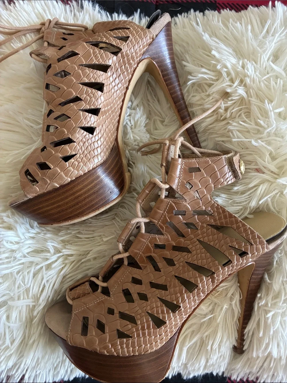 Women's Tan Lace-Up Cutout Platform Heels